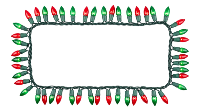 Rectangular frame made of bright red and green christmas light bulbs on a string, isolated on transparent background for holiday decoration design element