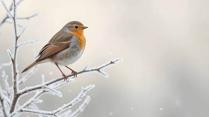 American Robin Beside Icy Frosted Twigs
