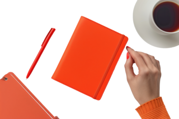 Woman s Hand Opens A Bright Orange Notebook On A transparent background, Office Supply Flat Lay