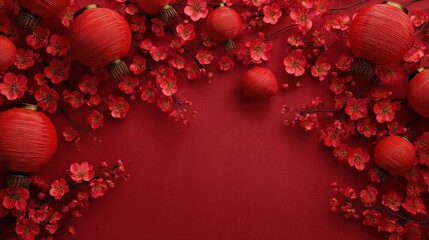 chinese new year banner copy space top view background with red asian lanterns and cherry blossoms or sakura as photo frame on red background festive greeting celebrating season concepts