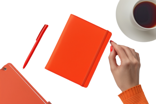 Woman s Hand Opens A Bright Orange Notebook On A transparent background, Office Supply Flat Lay