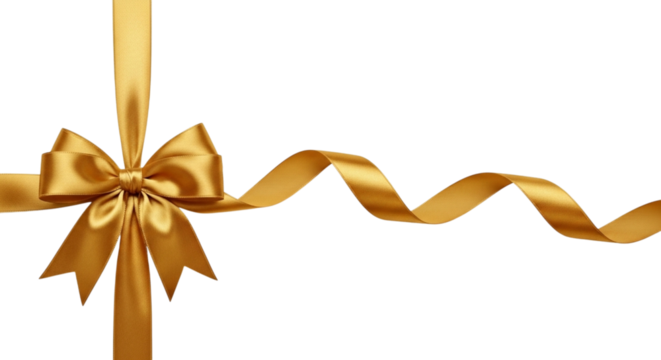 Elegant golden satin ribbon tied in a perfect bow with flowing wavy tails, isolated on transparent background for gift wrapping or decoration