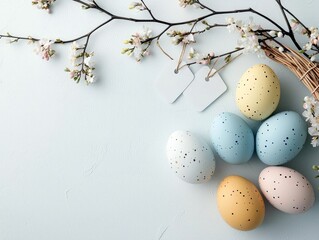 Fototapeta premium A collection of pastel-colored speckled Easter eggs are artfully arranged with delicate spring blossoms and blank gift tags on a textured light blue surface.