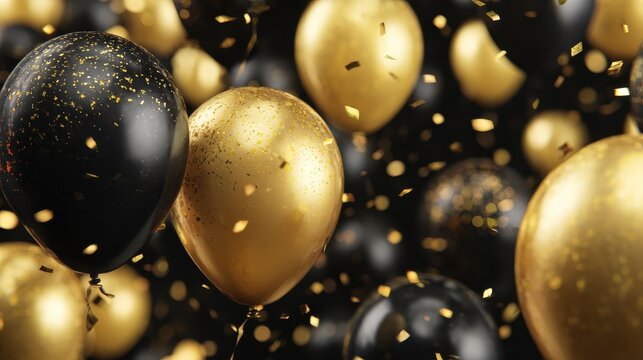 sophisticated black and gold party celebration with floating balloons and shimmering confetti creating elegant atmosphere for upscale event marketing and invitations