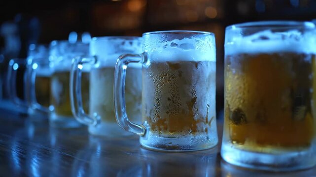 Row of frosty beer mugs on a wooden bar