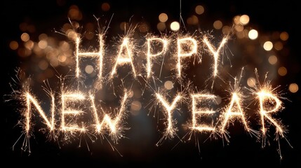 happy new year text on black card with sparklers and bokeh lights for celebration greeting