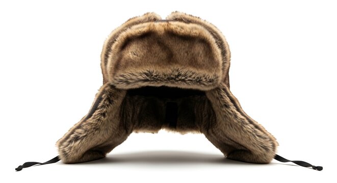 Brown faux fur trapper hat with ear flaps and black ties fur hat winter hat