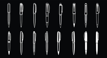 Pen silhouette icons, ballpoint, fountain, gel styles, writing tools, stationery design, flat vector, cad drawing flat vector illustration
