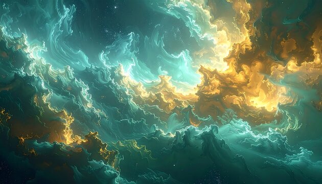 Abstract clouds glow gold and teal in the sky. Soft edges, wispy trails, and ethereal light convey vastness - Powered by Adobe
