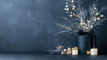 A dark blue gift box adorned with a black ribbon and silver branches with cream beads sits next to lit candles and small golden decorations.