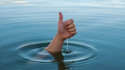 Hand showing thumbs up emerging from calm water surface, positive gesture symbolizing success, approval, encouragement, and motivation in challenging situations