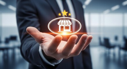 Businessman presents franchise opportunity with holographic storefront icon in hand