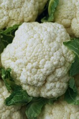 Close-up of fresh cauliflower with vibrant green leaves, showcasing its natural texture and organic appeal for healthy cooking.