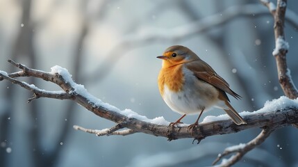 American Robin Perched On Frost Covered Branch