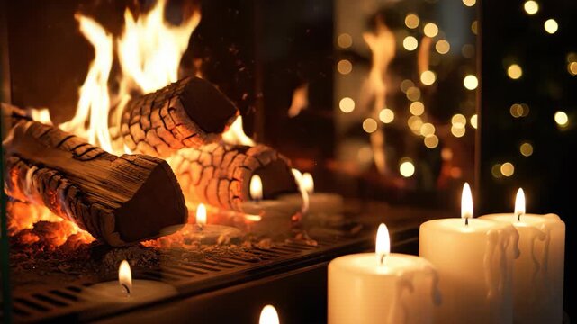 Burning logs in fireplace with candles nearby, warm cozy winter evening video, fire flame close-up, home comfort atmosphere, relaxation