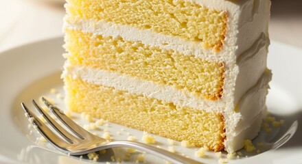 Close-Up of Vanilla Layer Cake Slice on Plate