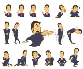 表情豊かなサラリーマンのイラストセット。案内、指摘、おじぎなど。白背景にベクターイラスト。
