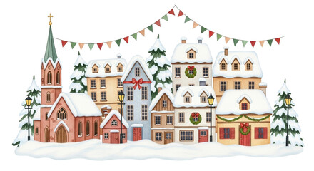 Charming watercolor illustration of a quaint european village covered in snow during winter, featuring traditional houses, a church, and festive holiday decorations isolated on transparent background