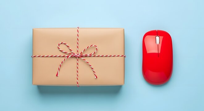 Brown gift box with red white twine and red computer mouse on blue present parcel