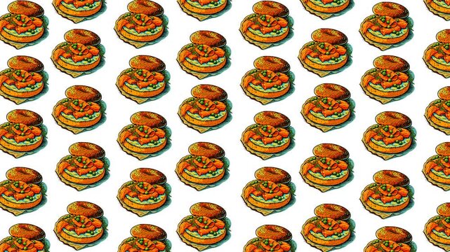 A seamless looping pattern of tasty bagel sandwiches filled with fresh ingredients. Perfect as a fun culinary background for food footage, cooking themes, snack promotions, creative digital project