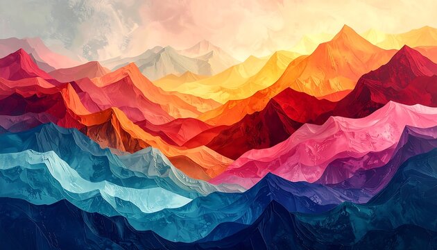 Abstract colorful mountain range painting with a warm sunset, transitioning from blue to red hues, layered and textured - Powered by Adobe