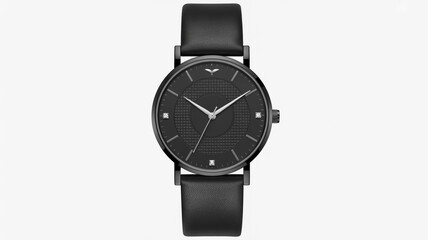 A minimalist black wristwatch with a round face and slim leather strap