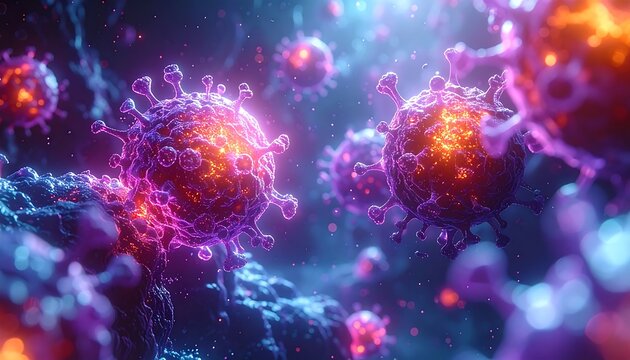 Abstract rendering glowing virus-like spheres with spiky protrusions against a dark, cloudy, multi-colored background