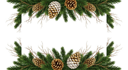 Fototapeta premium Two festive horizontal borders made of realistic green fir tree branches decorated with natural pine cones and dry twig element, isolated on transparent background for holiday design