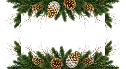 Two festive horizontal borders made of realistic green fir tree branches decorated with natural pine cones and dry twig element, isolated on transparent background for holiday design