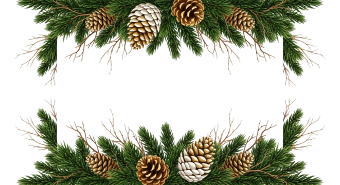 Two festive horizontal borders made of realistic green fir tree branches decorated with natural pine cones and dry twig element, isolated on transparent background for holiday design