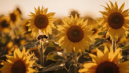 Fototapeta premium Field of Sunflowers in Golden Hour Light.