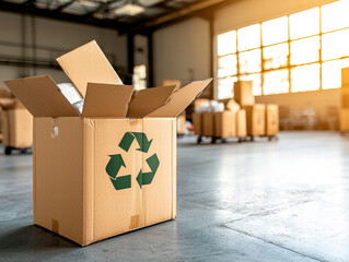 Recycling cardboard box packaging open in warehouse with sunlight and ecological concept of sustainability and positive mood