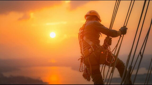 Rope access worker suspended above river at sunset
