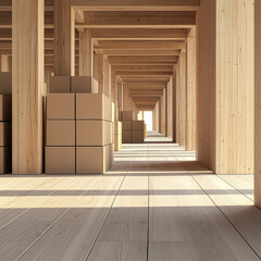 Wooden corridor with stacked cardboard box sunlit timber walkway with repeating beams and storage boxes creating warm atmosphere and depth