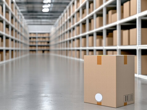 Cardboard box on concrete floor in large warehouse aisle conveying storage efficiency and logistics reliability