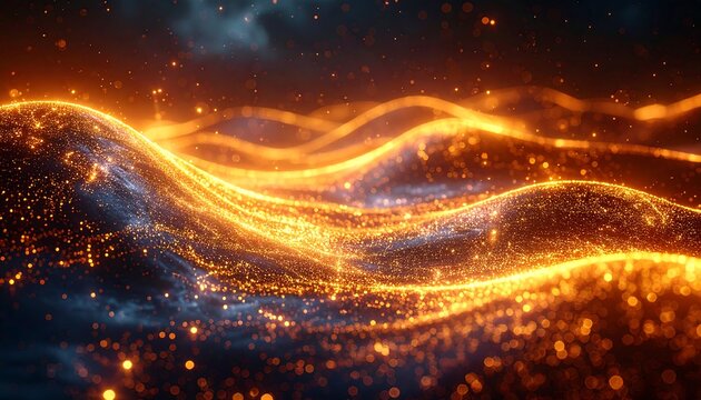 Abstract glowing golden waves with sparkling particles over a dark blue, cloudy background, creating a dreamy effect - Powered by Adobe