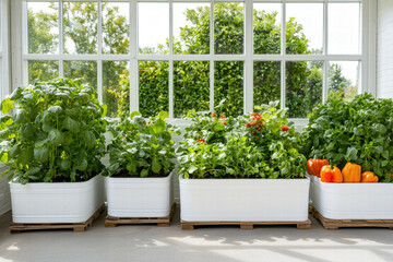 Indoor vegetable garden with lush green plants and orange bell pepper adding warmth and freshness to bright sunlit room
