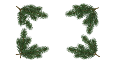 Four realistic fir tree branches forming a decorative corner frame design element for christmas and winter holiday greeting card or invitation, isolated on transparent background