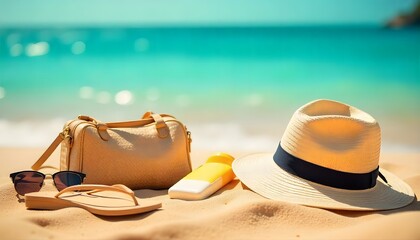 Summer vacation accessories in a straw bag on the beach with defocused ocean in the background. Bright, tropical, and stylish travel lifestyle concept.