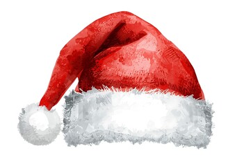 Watercolor painting of a classic red santa hat with white trim