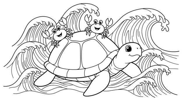 Sea turtle swimming through vibrant ocean waves, accompanied by playful crabs, creating a lively underwater scene for coloring enthusiasts and art lovers