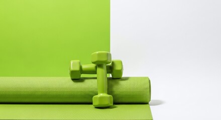 A bright green dumbbell rests on a rolled yoga mat, set against a split green and white backdrop.

