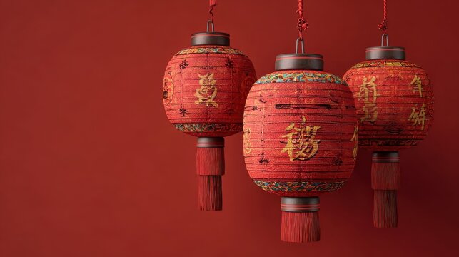copy space chinese lanterns with traditional asian symbols on red background for lunar new year 2025 wooden snake - Powered by Adobe
