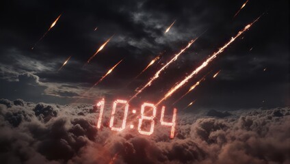 Fiery Meteor Shower Over Dramatic Clouds With Digital Clock Displaying 10 -84.