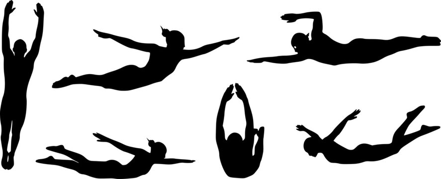 A collection of silhouetted figures in various swimming poses against a white background