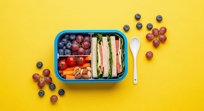 A top-down view of a blue lunchbox containing a sandwich, grapes, cherry tomatoes, and carrot sticks, with scattered grapes.