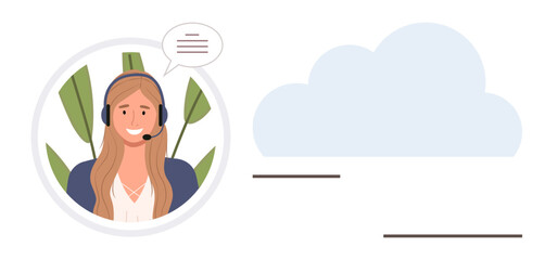Smiling woman in headset in front of plant illustration, speech bubble indicating communication. Ideal for customer service, technology, teamwork, remote work, online support, collaboration, simple