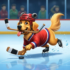 Funny Golden Retriever Playing Hockey  Cute Sports Dog Cartoon on Ice Rink