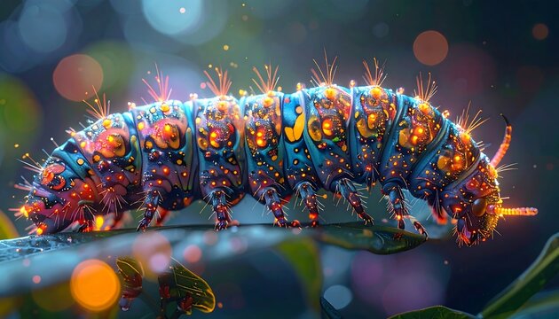 A vibrantly colored caterpillar crawls on a leaf with glowing points on a blurry, bokeh background