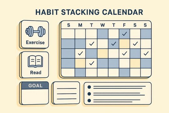 Habit stacking calendar for effective daily routines featuring fitness and reading activities with organized tracking and productivity planning elements for personal growth